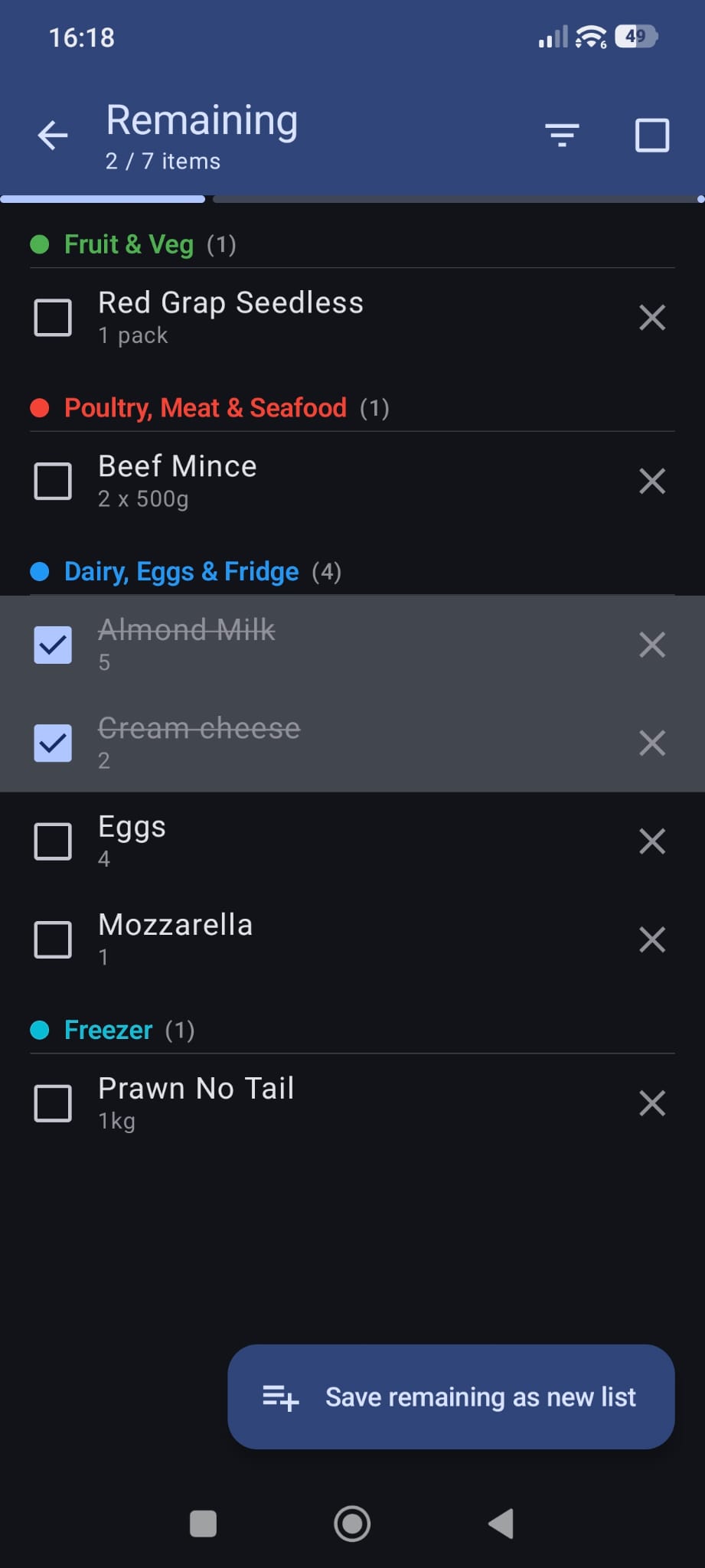 EzShopList shopping list screen showing items grouped by category with checked-off items in shopping mode